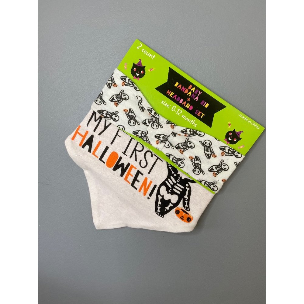 My first Halloween‎ baby girl bandana bib and headband set skeleton